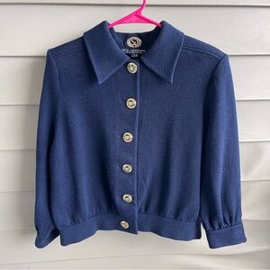St. John Basics Cardigan Womens L Navy Blue Santana Knit Jacket Sweater Luxury‎